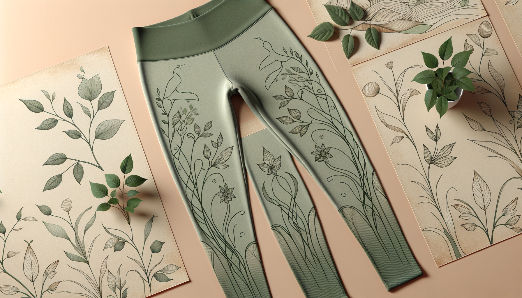 🎨 Exploring the Allure of Nature-Inspired Line Art in Sage Green Leggings: A Fusion of Style and Serenity