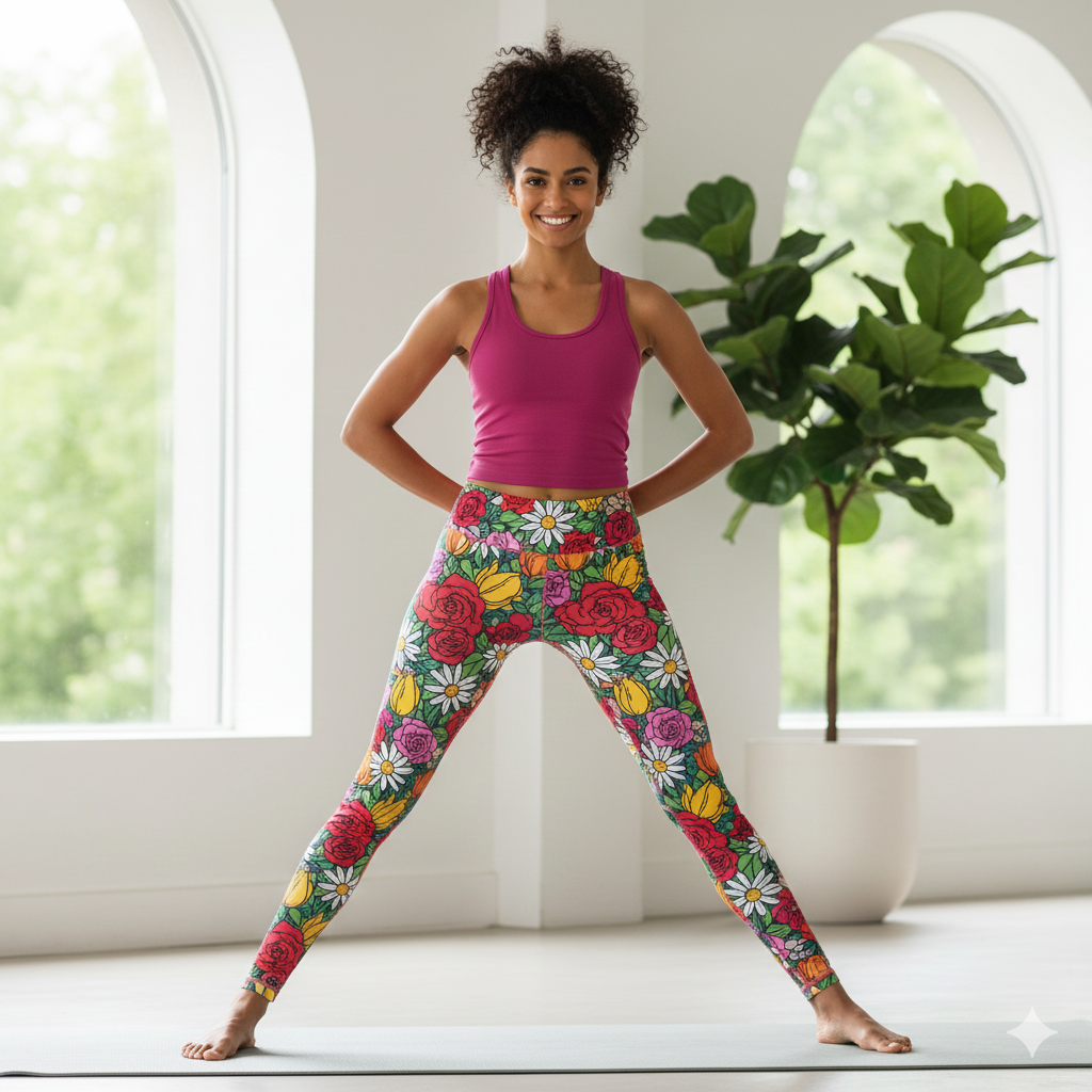 🌸 Vibrant Garden Floral Leggings: Cultivating Confidence with Roses, Tulips & Daisies