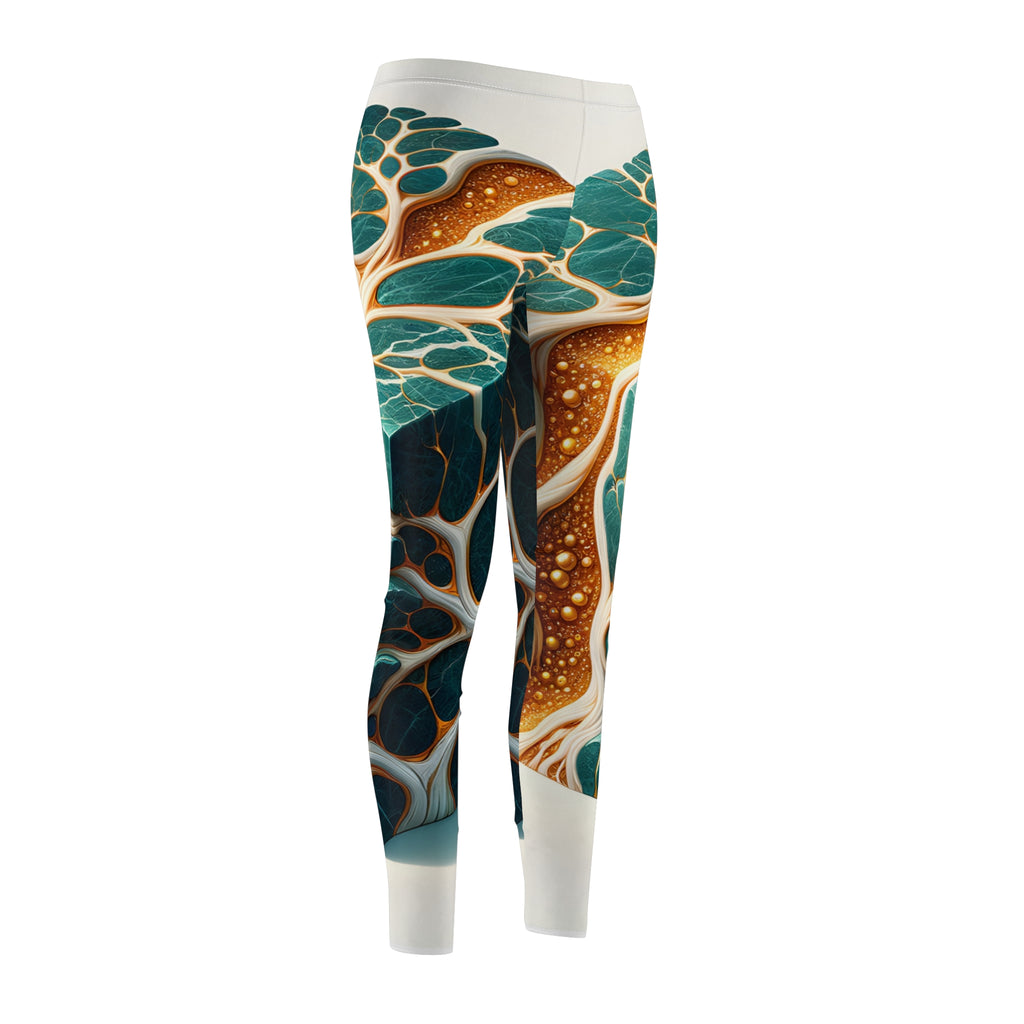 Abstract Teal & Gold Marble Leggings — Women's All-Over Print Casual Leggings