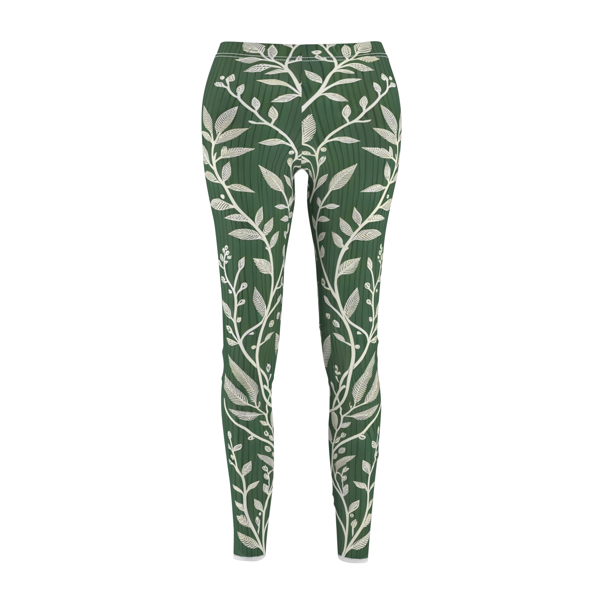 Sage Green Vine Branch Leggings – Nature-Inspired Patterned Yoga Pants with White Stem Crisscross Design