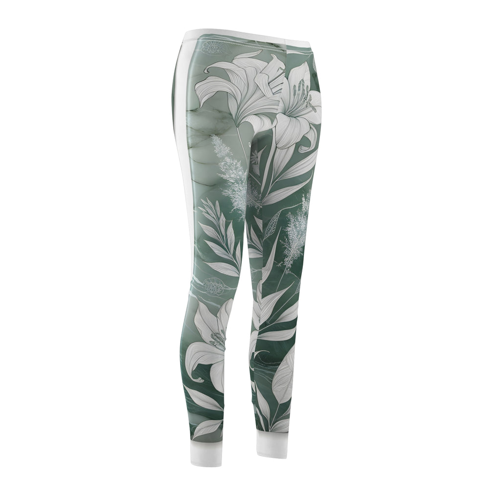White Onyx Botanical Line Art Sage Green Leggings – Intricate Plant Print Yoga Pants for Women