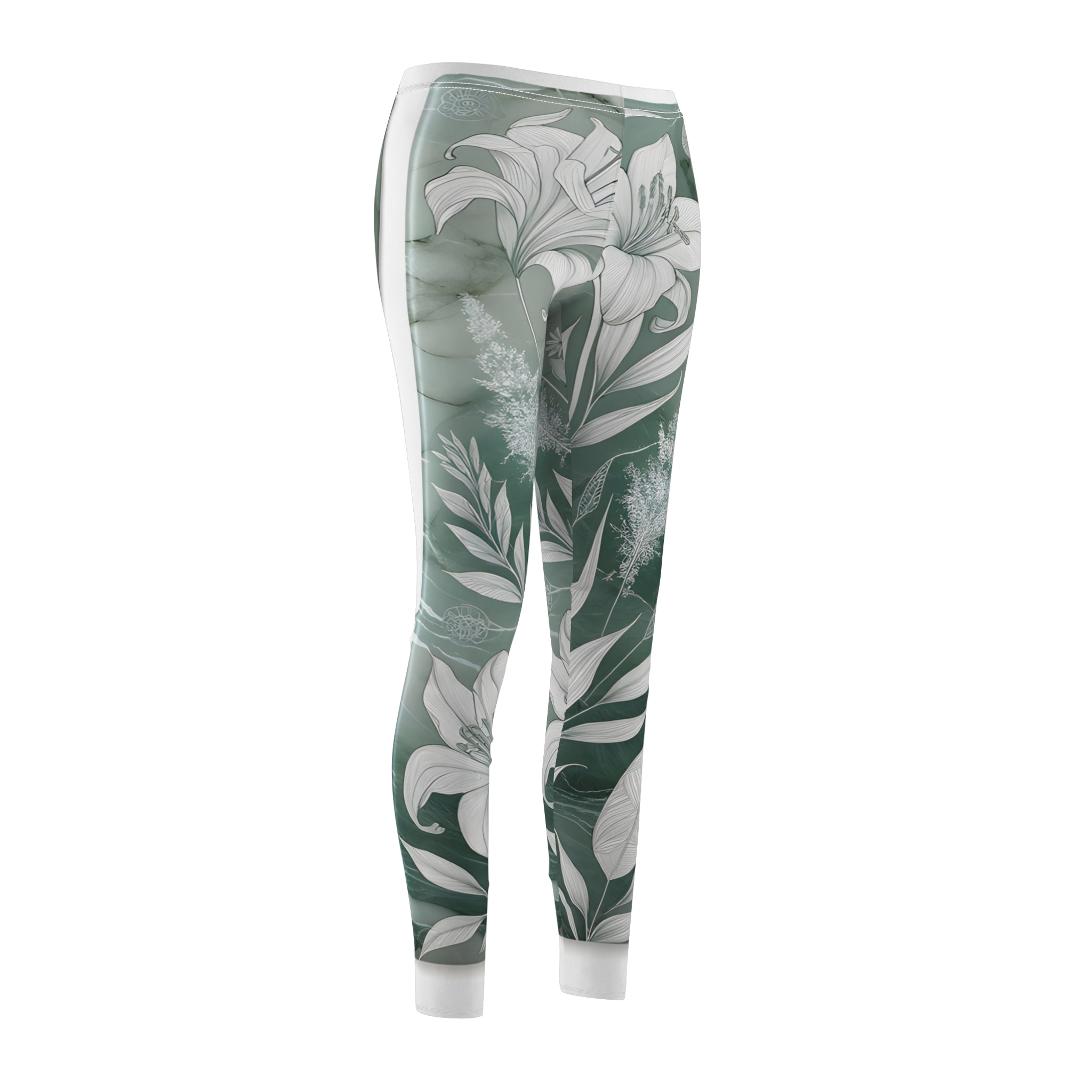 White Onyx Botanical Line Art Sage Green Leggings – Intricate Plant Print Yoga Pants for Women