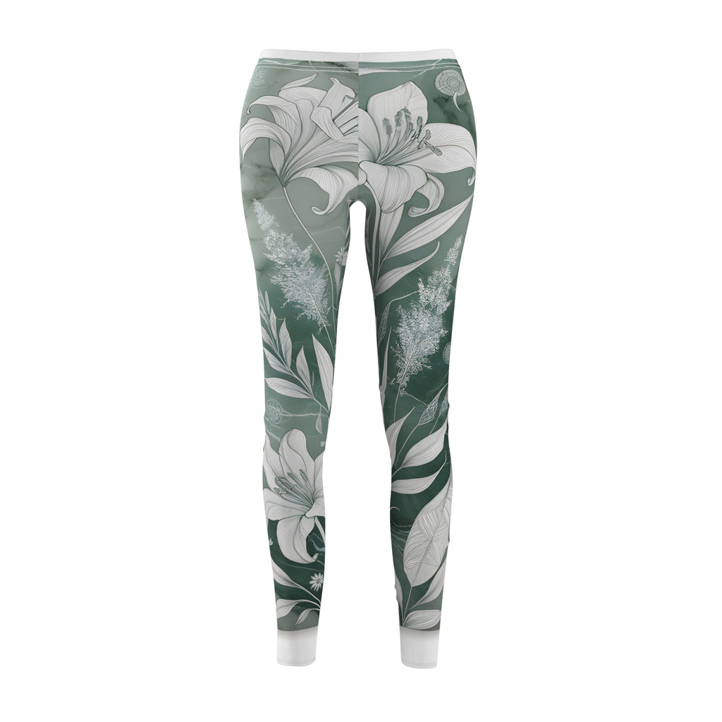 White Onyx Botanical Line Art Sage Green Leggings – Intricate Plant Print Yoga Pants for Women