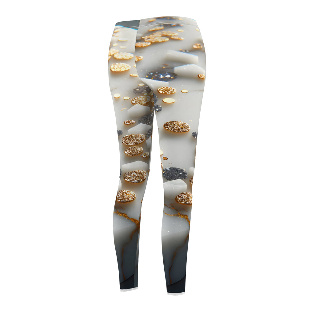 Luxury White Marble Leggings with Gold and Black Shimmer Flake Detailing – Elegant High-Waist Yoga Pants