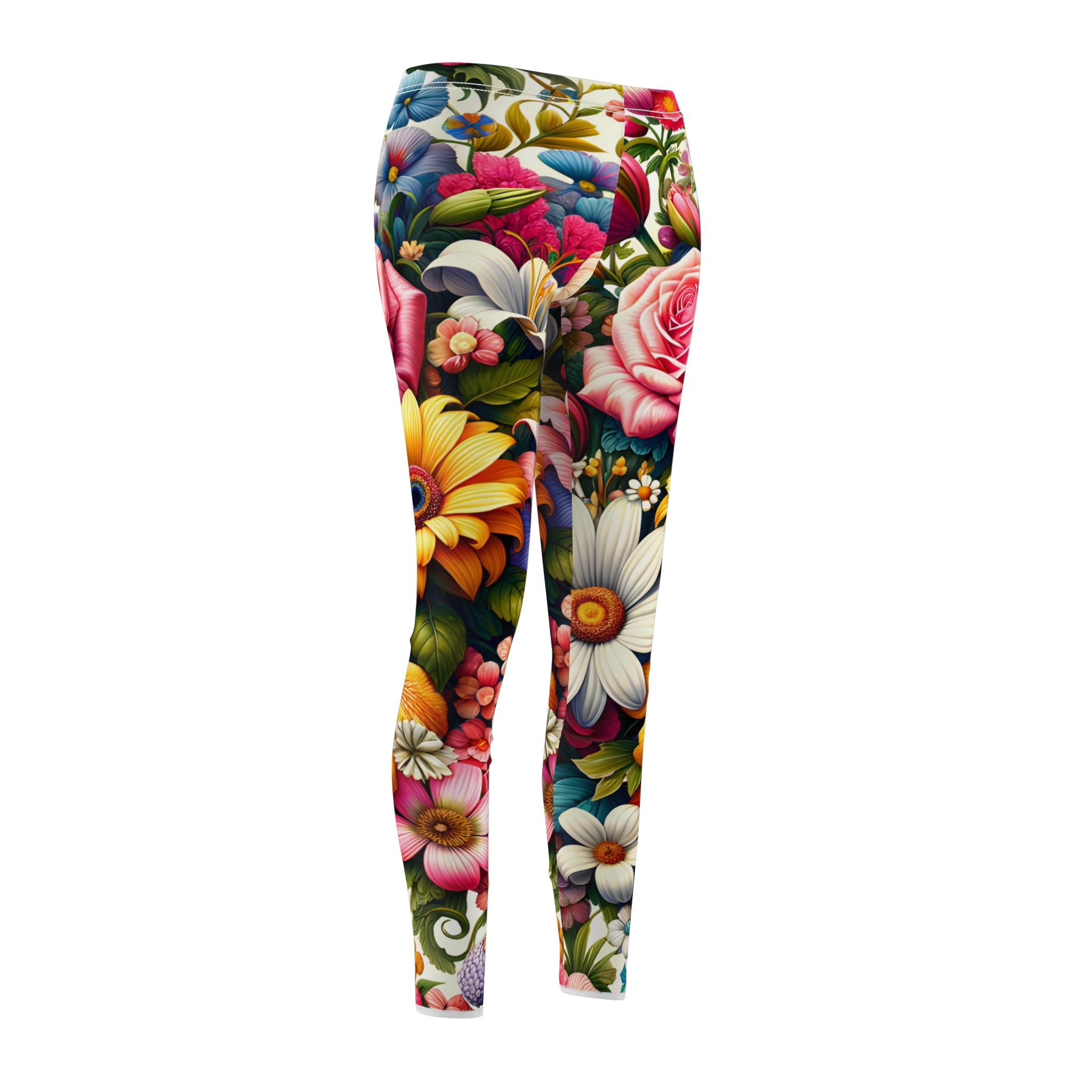 Vibrant Garden Floral Leggings – Colorful Roses, Tulips & Daisies Pattern Yoga Pants for Women