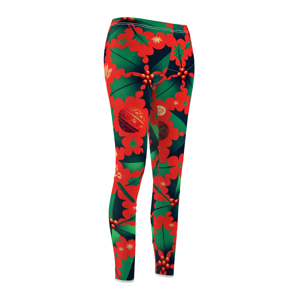 Festive Red & Green Holly Allover Print Leggings