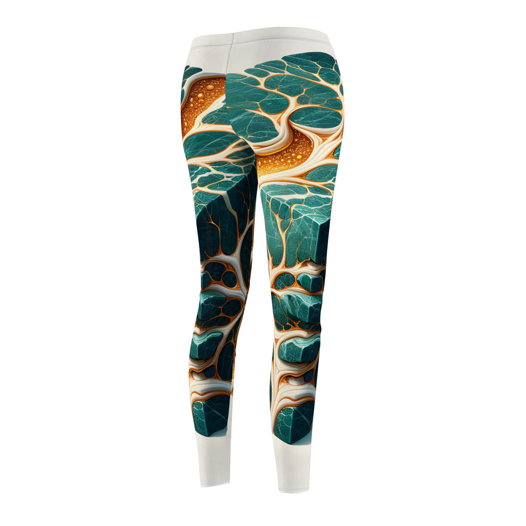Abstract Teal & Gold Marble Leggings — Women's All-Over Print Casual Leggings