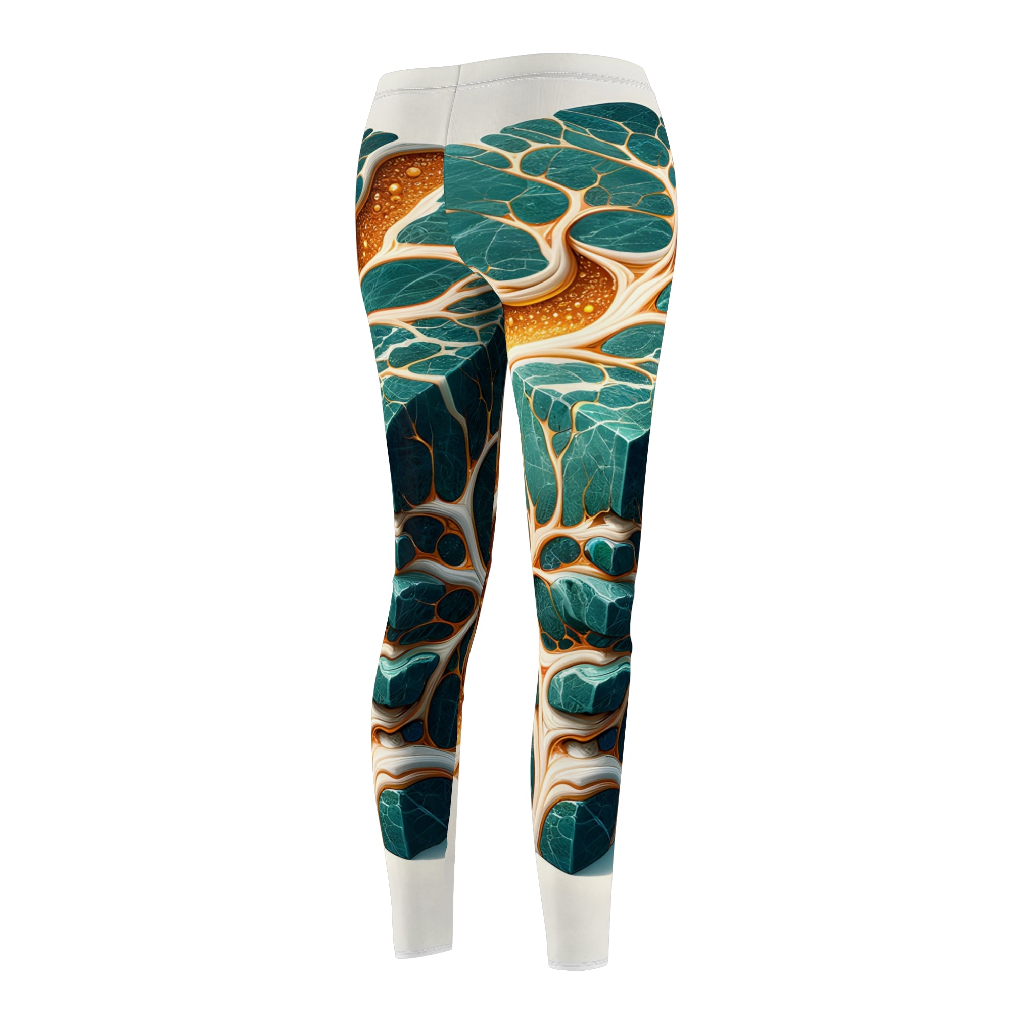 Abstract Teal & Gold Marble Leggings — Women's All-Over Print Casual Leggings