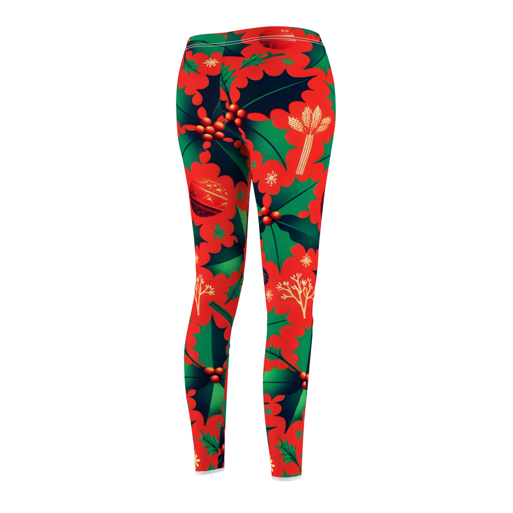 Festive Red & Green Holly Allover Print Leggings