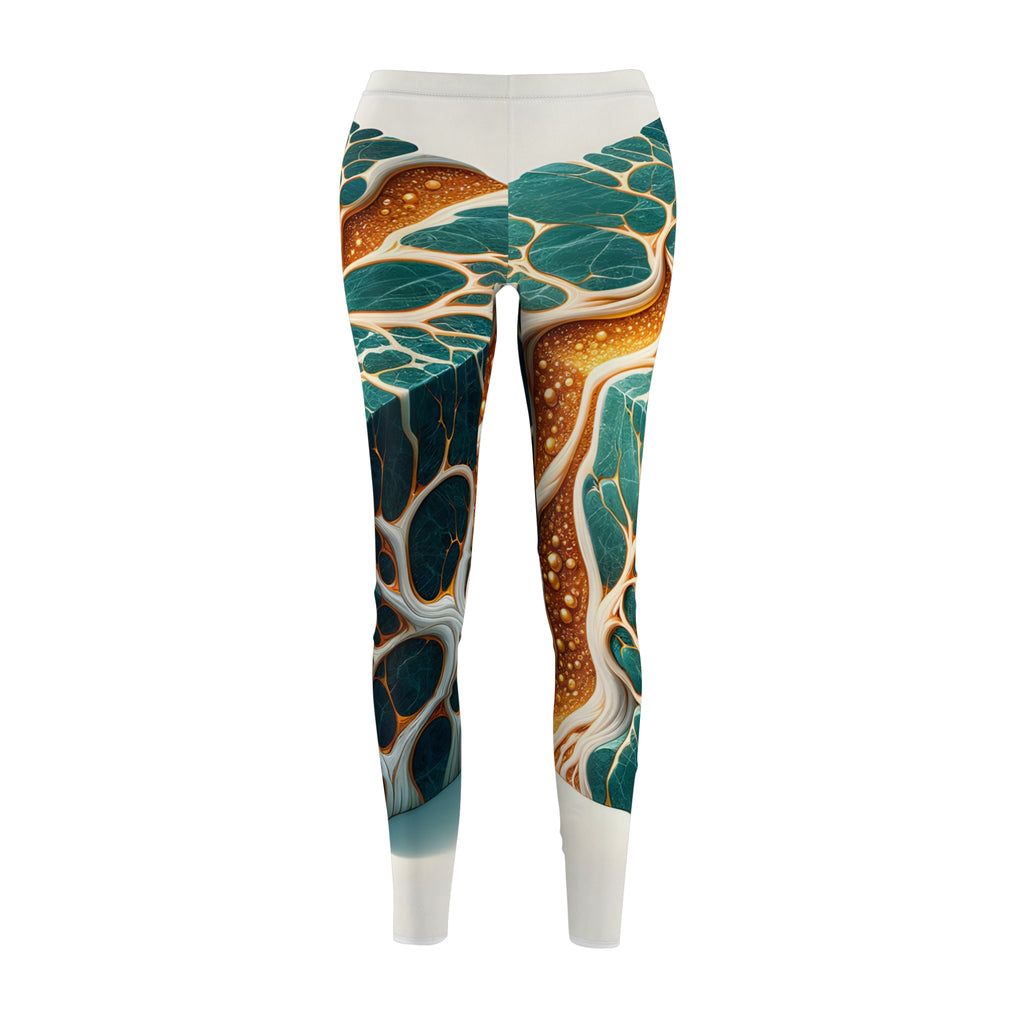 Abstract Teal & Gold Marble Leggings — Women's All-Over Print Casual Leggings