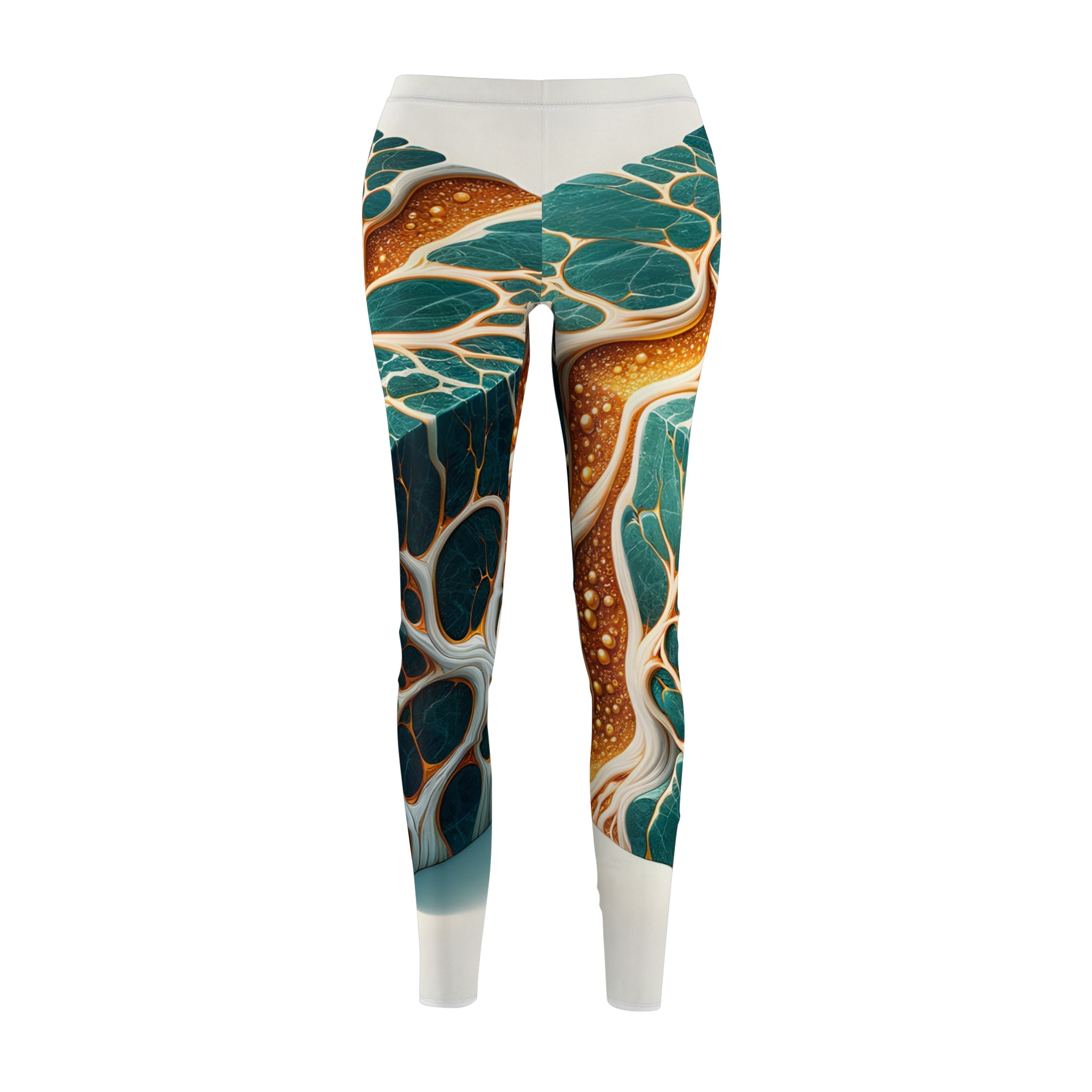 Abstract Teal & Gold Marble Leggings — Women's All-Over Print Casual Leggings