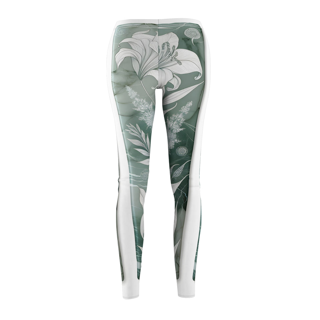 White Onyx Botanical Line Art Sage Green Leggings – Intricate Plant Print Yoga Pants for Women