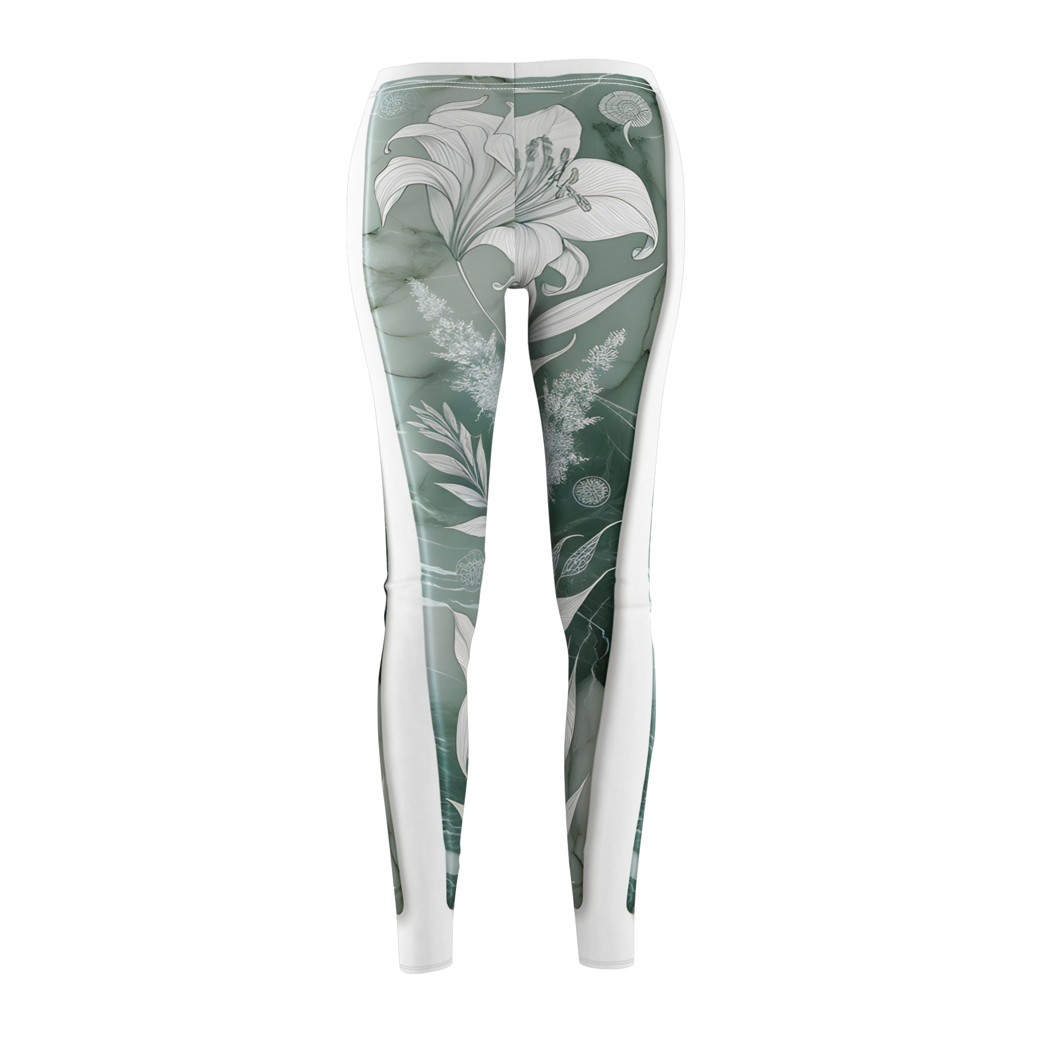 White Onyx Botanical Line Art Sage Green Leggings – Intricate Plant Print Yoga Pants for Women
