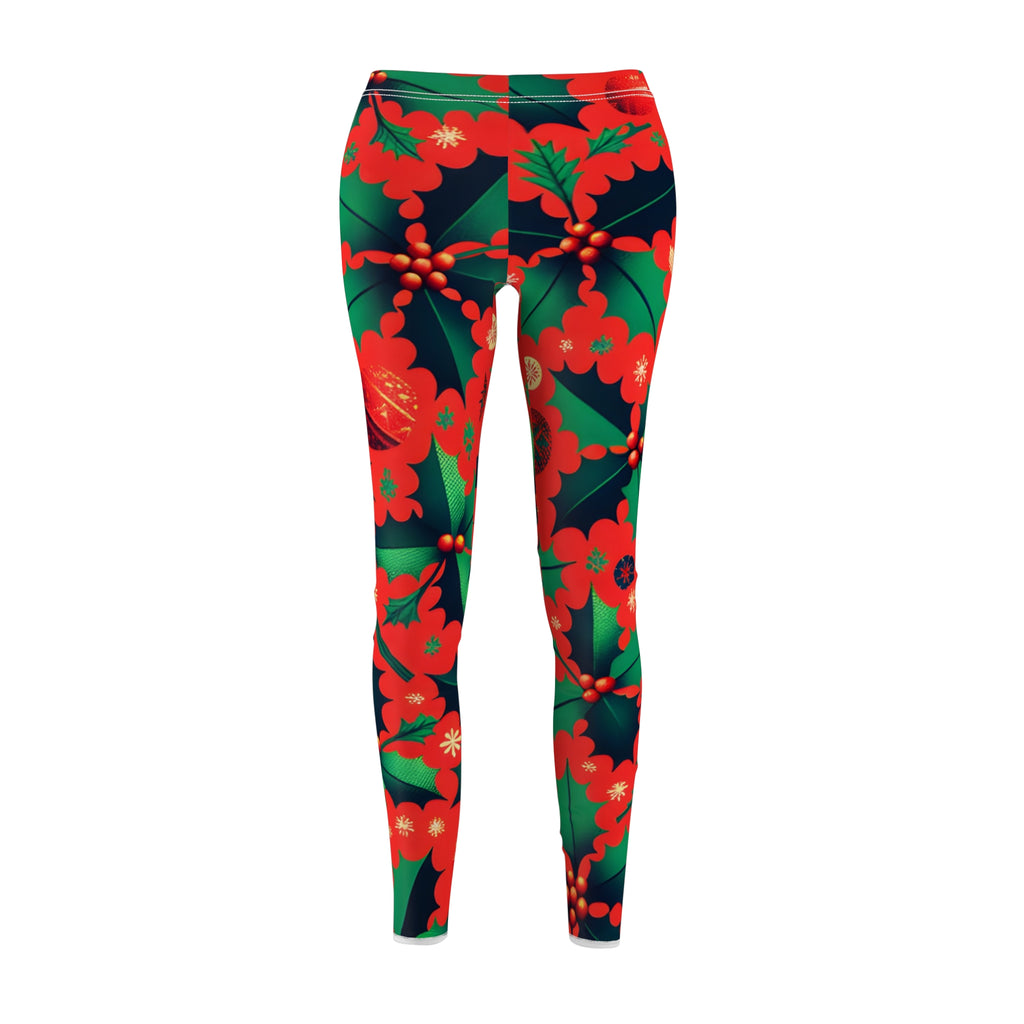 Festive Red & Green Holly Allover Print Leggings