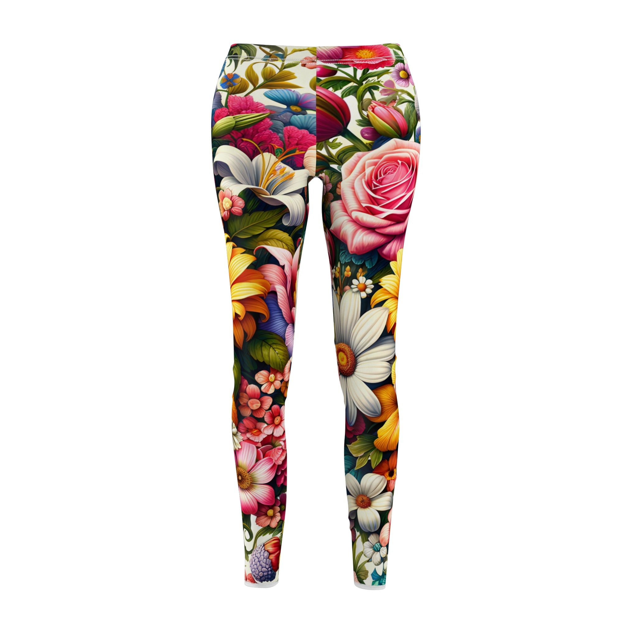Vibrant Garden Floral Leggings – Colorful Roses, Tulips & Daisies Pattern Yoga Pants for Women