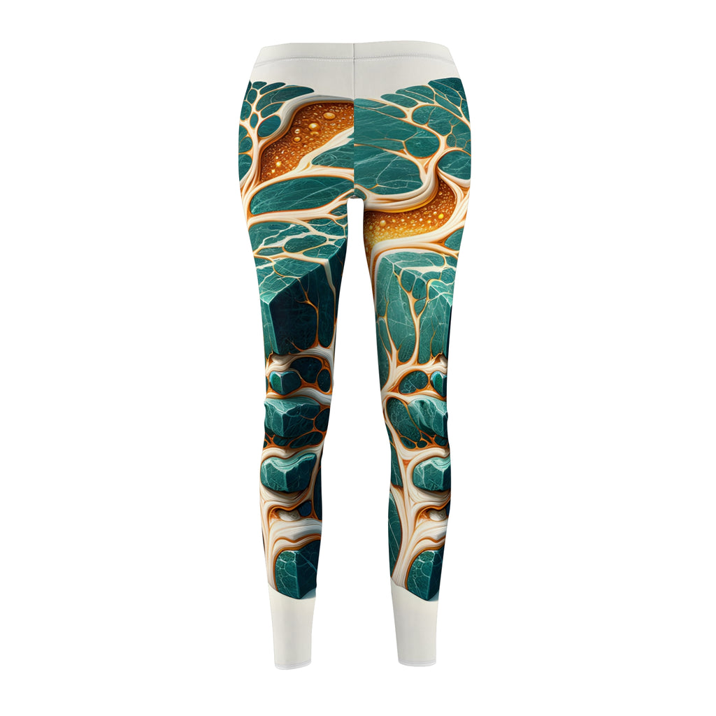 Abstract Teal & Gold Marble Leggings — Women's All-Over Print Casual Leggings