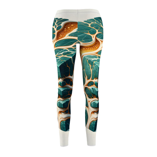 Abstract Teal & Gold Marble Leggings — Women's All-Over Print Casual Leggings
