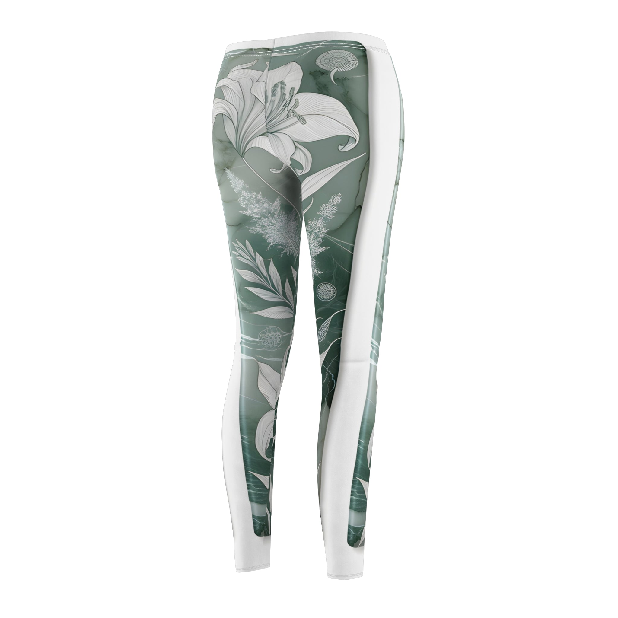 White Onyx Botanical Line Art Sage Green Leggings – Intricate Plant Print Yoga Pants for Women