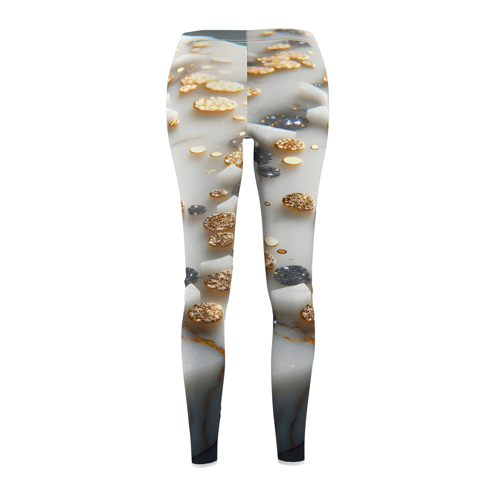 Luxury White Marble Leggings with Gold and Black Shimmer Flake Detailing – Elegant High-Waist Yoga Pants