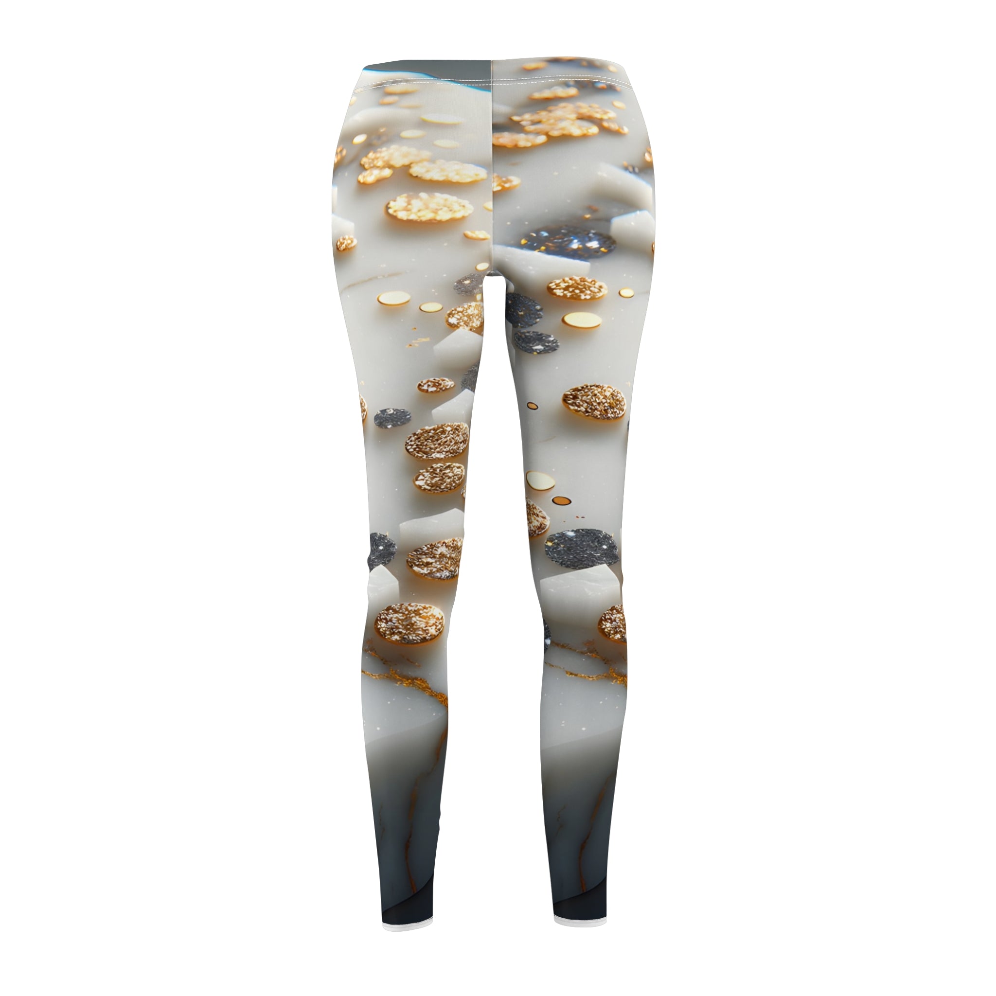 Luxury White Marble Leggings with Gold and Black Shimmer Flake Detailing – Elegant High-Waist Yoga Pants