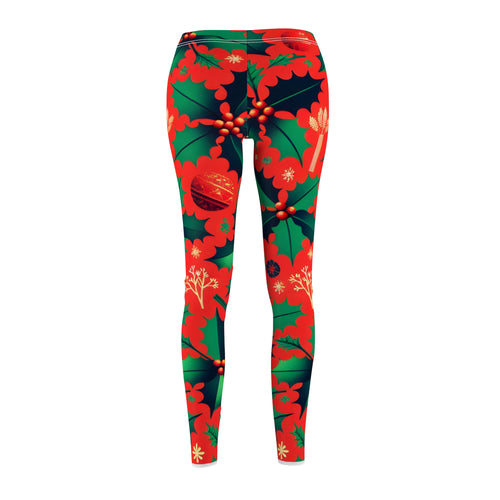 Festive Red & Green Holly Allover Print Leggings